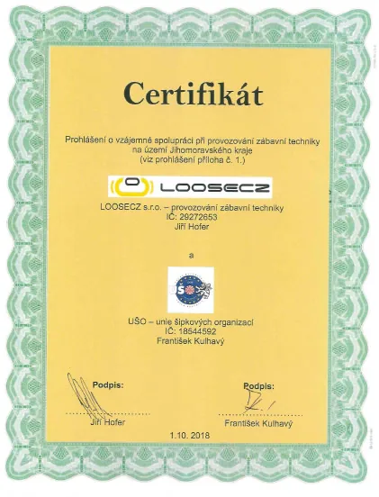 Certifikát partnera Unie šipkových organizací